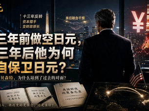深色金融纪录片风格封面：一名身穿黑色西装的灰发男子背对镜头，站在落地窗前俯瞰华盛顿与东京夜景。左侧是日元下跌的交易图表，右侧是日元反弹曲线、东京塔及巨大的日元符号；前景摆放美日国旗、政策备忘录、交易日志和金融地图。画面主标题为“十三年前做空日元，十三年后他为何亲自保卫日元？”，副标题为“斯科特·贝森特，为什么站到了过去的对面？”，左上角标注品牌“方天亮”。