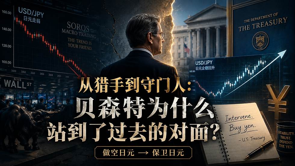 深色财经纪录片风格封面：一名灰发男子身穿黑色西装，以背影和侧后方视角站在画面中央。左侧是华尔街交易大厅、铜牛以及持续下跌的美元兑日元走势图，象征做空日元的金融猎手；右侧是美国财政部建筑、日元反弹曲线、金色日元符号，以及写有“Intervene. Buy yen.”的政策记事本，象征进入国家机器后保卫日元的守门人。  中央主标题为“从猎手到守门人：贝森特为什么站到了过去的对面？”，下方标注“做空日元 → 保卫日元”。整体采用深蓝、黑色与金色调，表现斯科特·贝森特从对冲基金交易员到美国财政部长的身份转变。