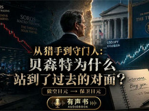 深色财经纪录片风格封面：一名灰发男子身穿黑色西装，以背影和侧后方视角站在画面中央。左侧是华尔街交易大厅、铜牛以及持续下跌的美元兑日元走势图，象征做空日元的金融猎手；右侧是美国财政部建筑、日元反弹曲线、金色日元符号，以及写有“Intervene. Buy yen.”的政策记事本，象征进入国家机器后保卫日元的守门人。  中央主标题为“从猎手到守门人：贝森特为什么站到了过去的对面？”，下方标注“做空日元 → 保卫日元”。整体采用深蓝、黑色与金色调，表现斯科特·贝森特从对冲基金交易员到美国财政部长的身份转变