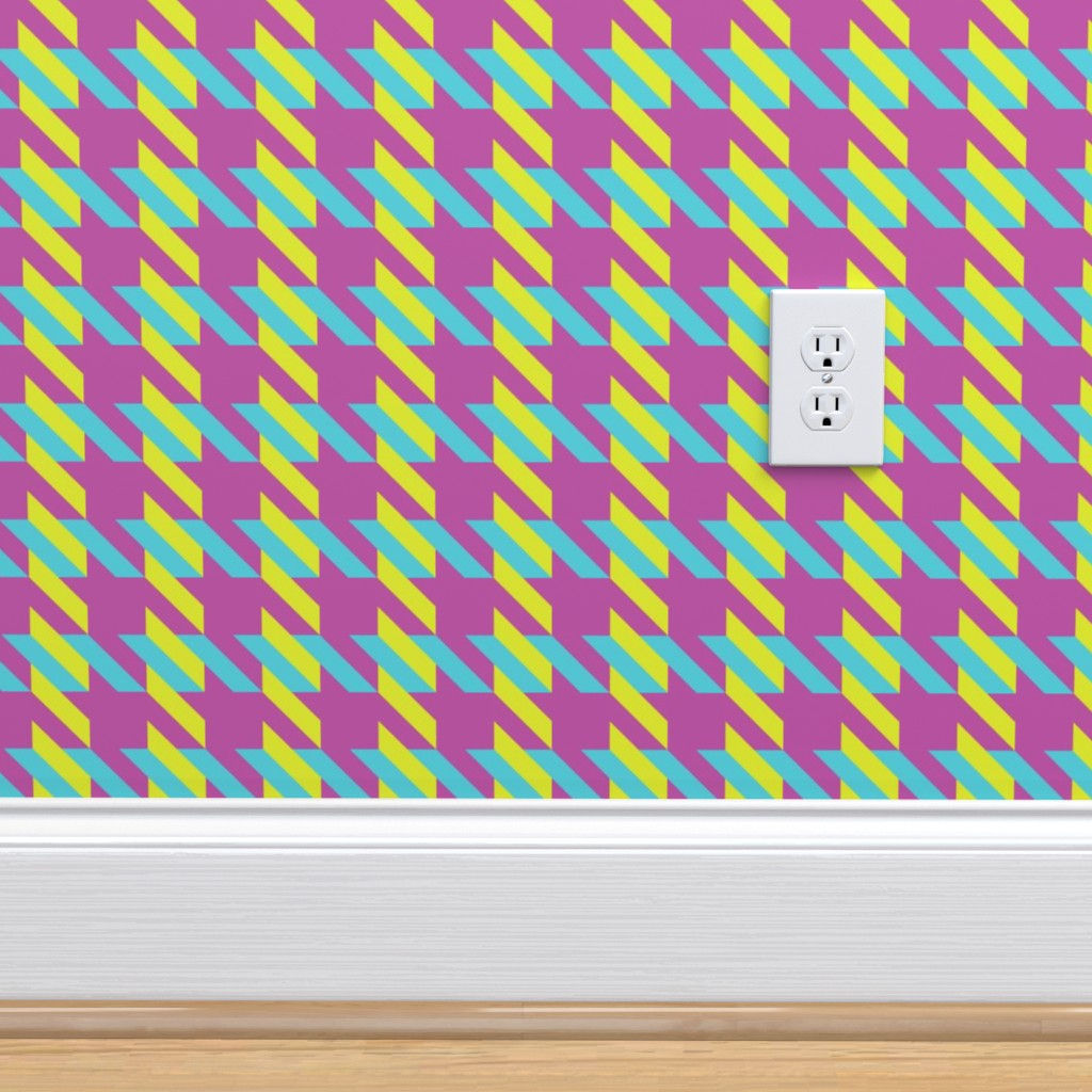 Pink with Blue & Green Houndstooth Wallpaper