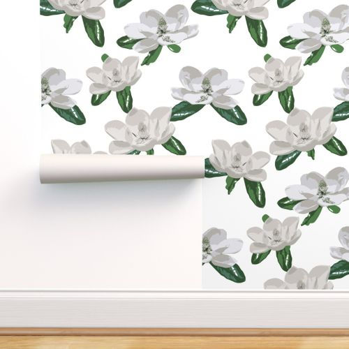 Thumbnail: Large Magnolias on white Wallpaper or fabric
