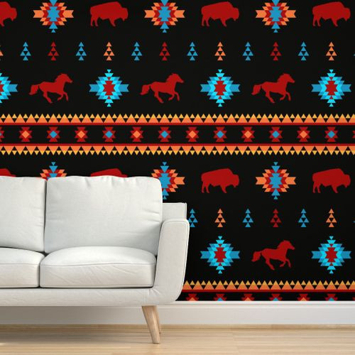 Thumbnail: Native Blanket with Horses  & Bison Wallpaper