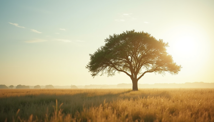 Eye-level view of a single tree standing resilient in a quiet field