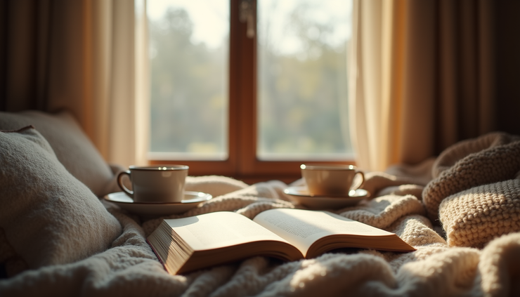 Eye-level view of a cozy reading nook with a journal and cup of tea