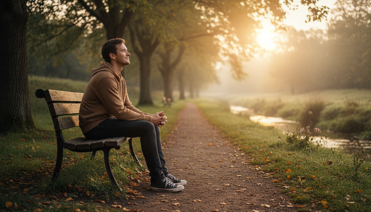 Eye-level view of a person sitting on a quiet walking path at sunrise.
