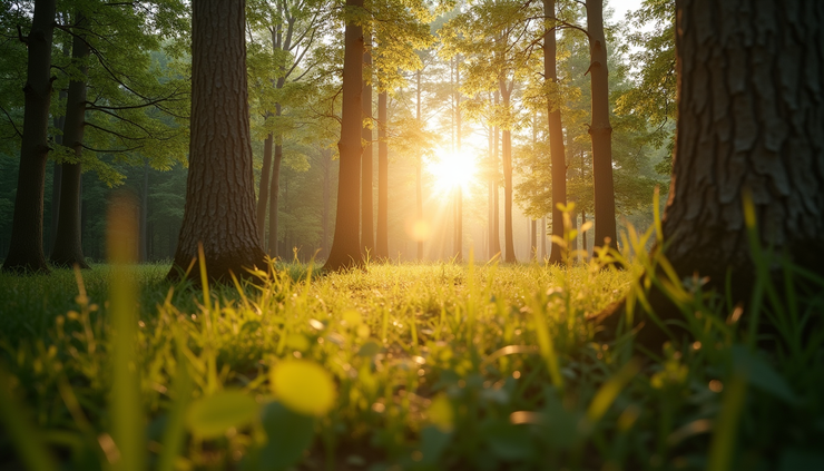 Close-up view of a calm nature scene with sunlight filtering through trees