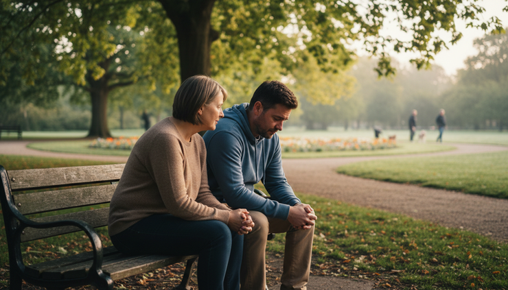 Eye-level view of two people sitting quietly on a park bench in a calm moment of support.