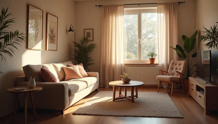 Eye-level view of a cozy living room with soft lighting and a comfortable couch