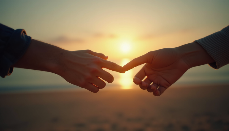 Close-up view of two hands reaching out but not touching, symbolizing the struggle to connect