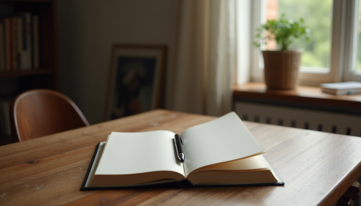 Eye-level view of a quiet room with a journal and pen on a wooden table