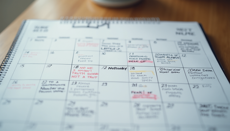 Eye-level view of a calendar with crossed-out dates and notes