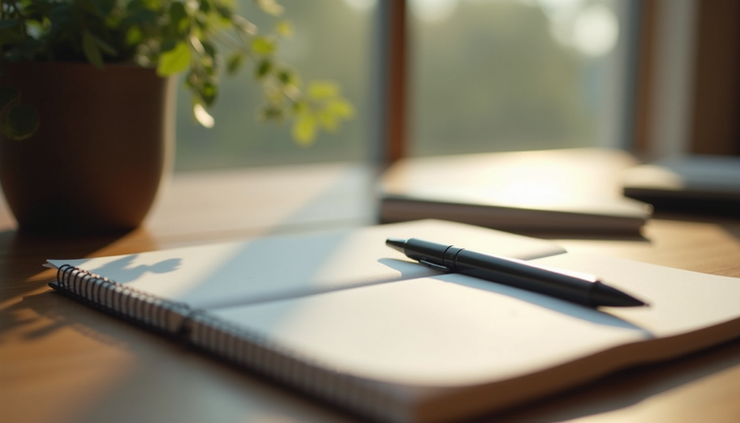 Close-up view of a journal and pen on a wooden desk with soft natural light