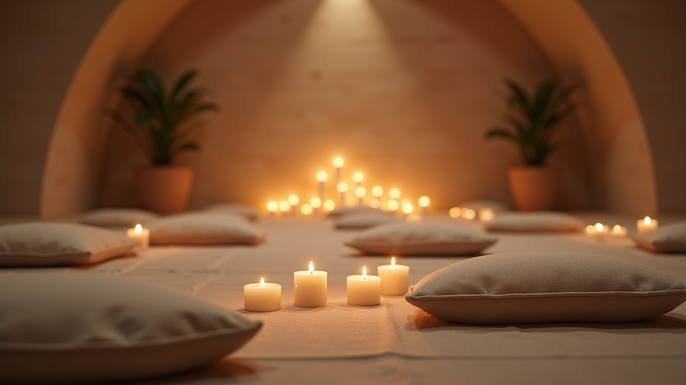 Eye-level view of a serene meditation space with candles and cushions