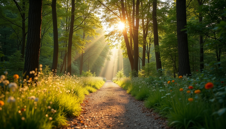 Eye-level view of a calm nature trail with sunlight filtering through trees