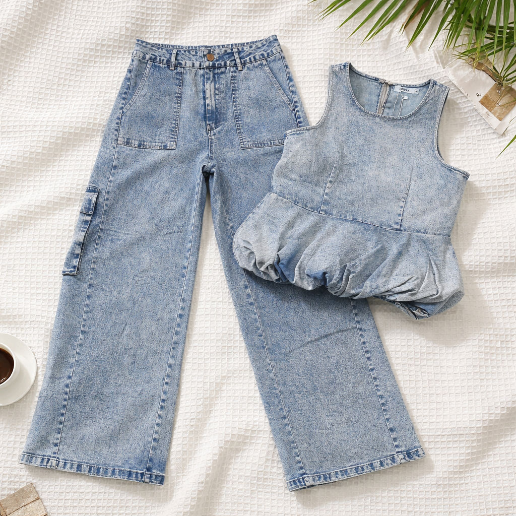 SACHA Bubble Hem Tank  Cargo Jeans Set