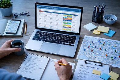 Laptop displaying organized customer contact database used for targeted marketing list development and audience segmentation.