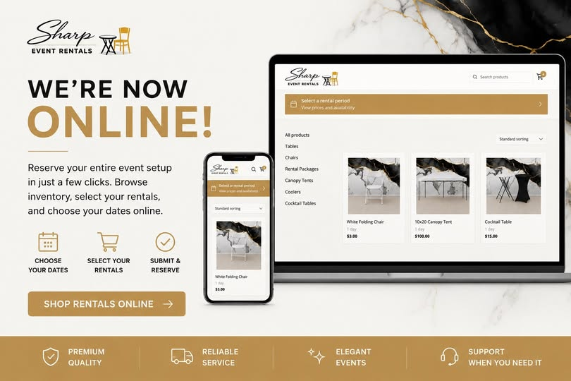 Online event rental store for tables, chairs, tents, and party rentals on desktop and mobile