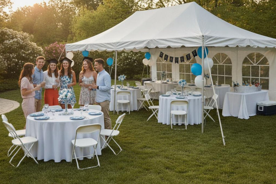 White canopy tent set up in a backyard with round tables and white folding chairs arranged underneath, guests mingling and celebrating graduation
