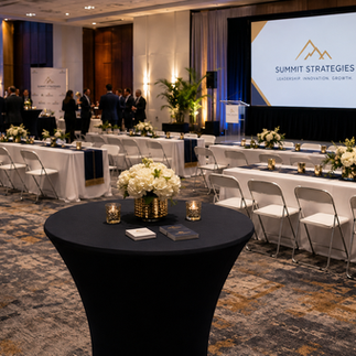 Corporate event featuring cocktail tables, banquet seating, and professional table and chair rentals