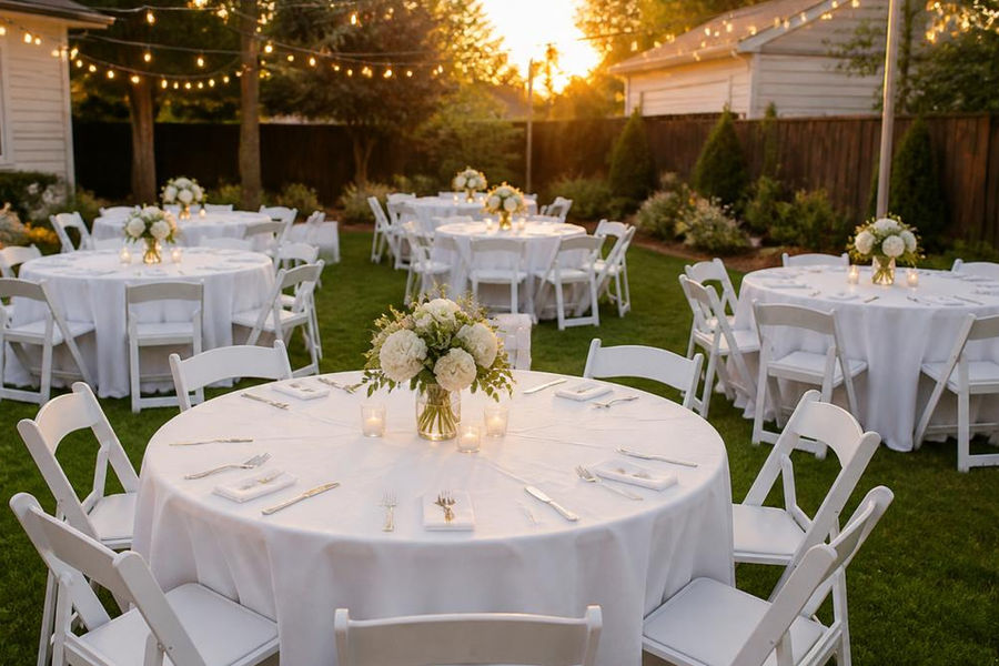 Diagram showing an ideal backyard wedding seating layout with round tables and chairs arranged for guests