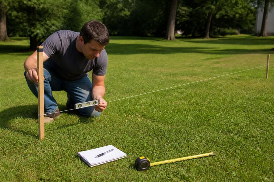 A homeowner using a long wooden stake and string level to check the slope of a grassy backyard, with a notebook and tape measure nearby on a sunny day