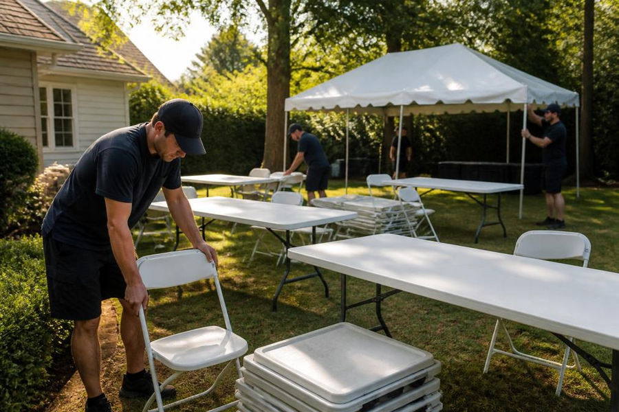 Professional team setting up white folding chairs and 6-foot rectangular tables in a residential backyard, with a 10x20 canopy tent being positioned in the background, natural afternoon sunlight filtering through trees