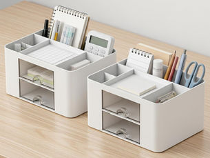 Amazon Basics white desk organiser with 7 compartments for stationery storage and home office desk organization