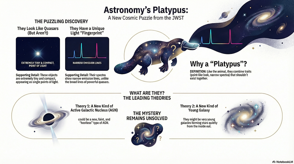 JWST Unveils a Cosmic Enigma - These puzzling celestial objects, resembling quasars but with unique spectral “fingerprints,” defy classification. Like the platypus, they combine unexpected traits, sparking theories of new galactic phenomena yet to be unraveled.