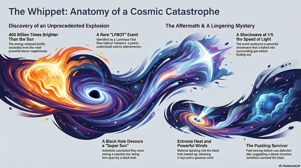 "Anatomy of a Cosmic Catastrophe,' a luminous fast blue optical transient event. The cosmic explosion released energy 400 billion times brighter than the Sun and featured a black hole devouring a massive star, producing extreme heat and powerful winds. A shockwave at one-fifth the speed of light and the survival of fast-moving helium hinted at the lingering mysteries of this cosmic phenomenon."