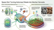 Transforming astronaut waste into fertile soil for Mars, this process involves recycling and weathering to release essential nutrients like sulfur, calcium, and magnesium, fostering plant growth on simulated Martian and lunar regolith.
