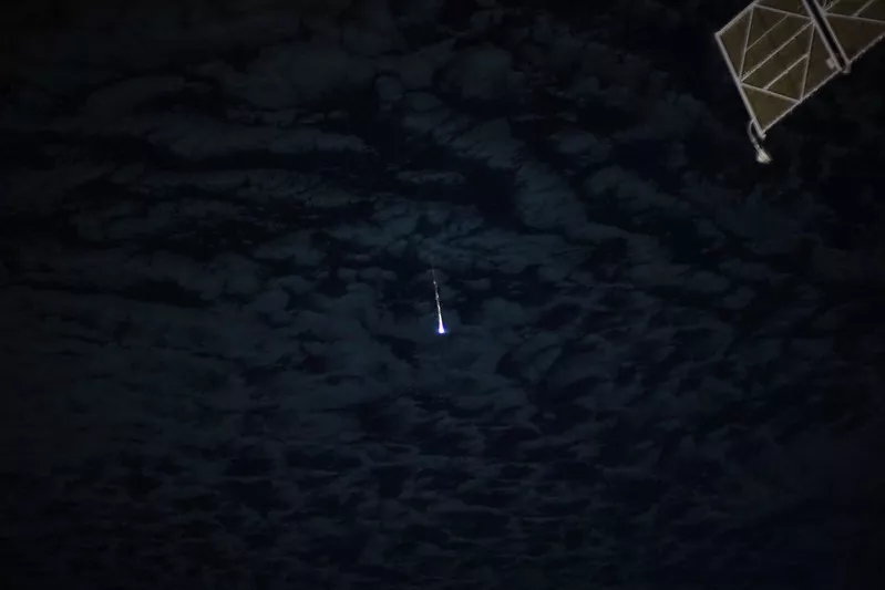 Images captured by European Space Agency astronaut Thomas Pesquet on July 26, 2021, show a Russian Progress capsule tugging the retired Pirs module to burn up in Earth's atmosphere. (Image credit: ESA/NASA–T. Pesquet)