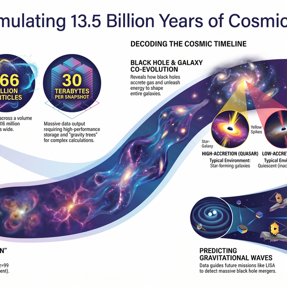 "ASTRID: An advanced simulation powered by the Frontera supercomputer models 13.5 billion years of cosmic evolution, decoding the timeline from the cosmic dawn to the present. The project reveals the co-evolution of black holes and galaxies across 816 million light-years, using 166 billion particles and generating 30 terabytes per snapshot to trace the formation of the universe and predict gravitational waves."