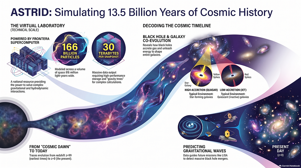 "ASTRID: An advanced simulation powered by the Frontera supercomputer models 13.5 billion years of cosmic evolution, decoding the timeline from the cosmic dawn to the present. The project reveals the co-evolution of black holes and galaxies across 816 million light-years, using 166 billion particles and generating 30 terabytes per snapshot to trace the formation of the universe and predict gravitational waves."