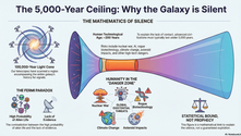 Exploring the concept of the "5,000-Year Ceiling," this infographic delves into the reasons behind the galaxy's silence, highlighting humanity's brief technological age of 200 years and the Fermi Paradox. It illustrates risks such as nuclear war, AI, and climate change that place humanity in a "danger zone," suggesting advanced civilizations might not last beyond 5,000 years.
