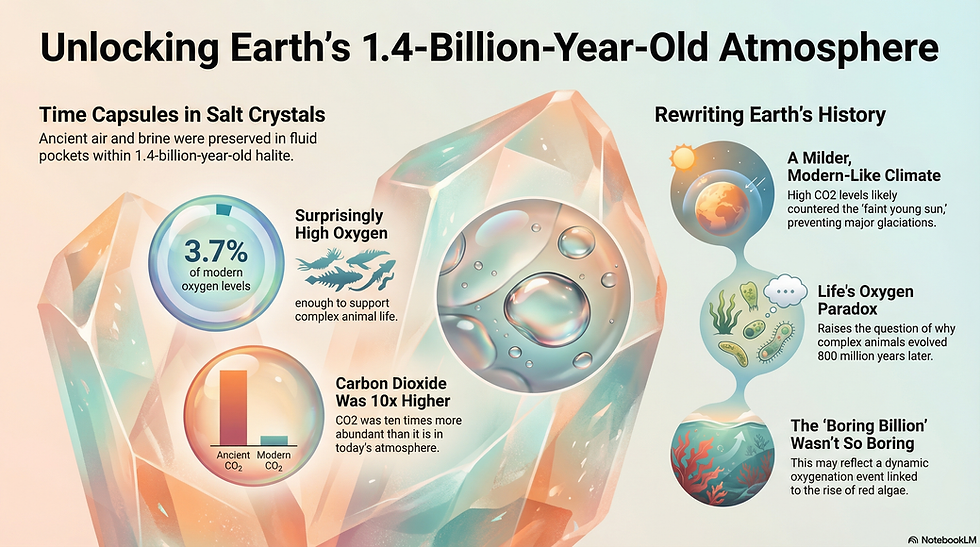 Exploring Earth's Deep Past: Ancient air and brine in 1.4-billion-year-old halite reveal unexpectedly high oxygen levels and carbon dioxide concentrations, reshaping our understanding of early Earth's atmosphere and climate.