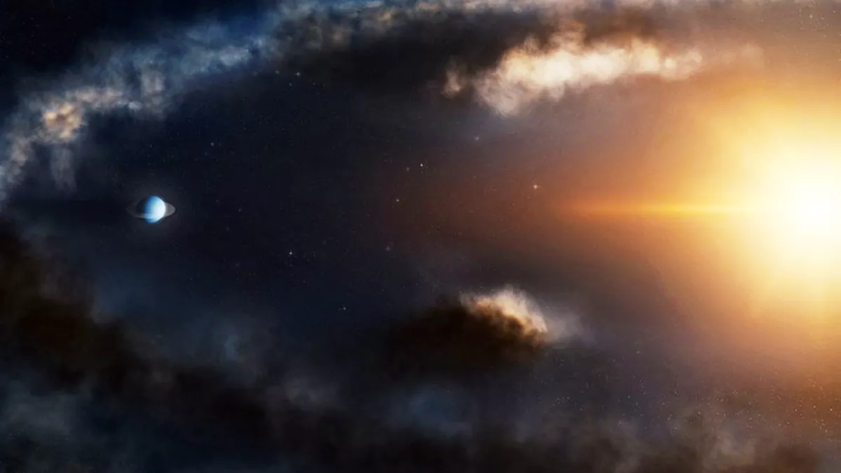 Artist's illustration of a small Saturn-like planet discovered in the system LkCa 15. The planet resides within dense rings of dust and gas that surround a bright yellow star. (Image credit: M.Weiss/Center for Astrophysics/Harvard & Smithsonian)