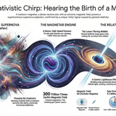 Illustration of the formation of a magnetar following a superluminous supernova (SN 2024afav), highlighting the role of extreme magnetic fields and the unique 'chirp' signal produced by general relativity. It showcases the dynamic processes like the rapidly spinning neutron star, the lens-thirring wobble, and the resultant light oscillations.