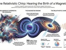 Illustration of the formation of a magnetar following a superluminous supernova (SN 2024afav), highlighting the role of extreme magnetic fields and the unique 'chirp' signal produced by general relativity. It showcases the dynamic processes like the rapidly spinning neutron star, the lens-thirring wobble, and the resultant light oscillations.