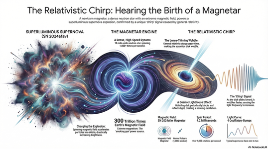 Illustration of the formation of a magnetar following a superluminous supernova (SN 2024afav), highlighting the role of extreme magnetic fields and the unique 'chirp' signal produced by general relativity. It showcases the dynamic processes like the rapidly spinning neutron star, the lens-thirring wobble, and the resultant light oscillations.