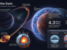 Understanding Starless Moons: This illustration depicts how moons without stars maintain warmth through tidal heating and atmospheric protection, where high-pressure hydrogen atmospheres play a crucial role in trapping heat, offering parallels to early Earth conditions and hinting at prolonged liquid water presence.