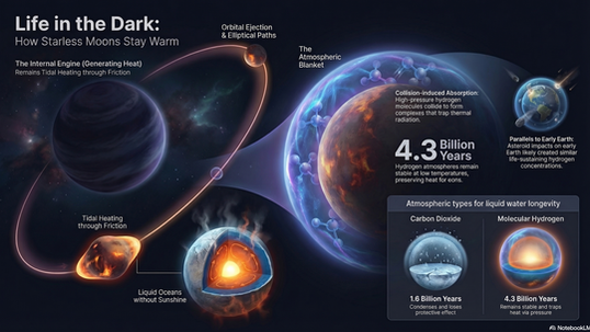 Understanding Starless Moons: This illustration depicts how moons without stars maintain warmth through tidal heating and atmospheric protection, where high-pressure hydrogen atmospheres play a crucial role in trapping heat, offering parallels to early Earth conditions and hinting at prolonged liquid water presence.