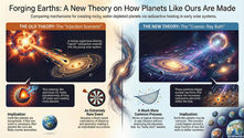 A comparison between two theories on how rocky, water-depleted planets form in early solar systems. The traditional "Injection Scenario" suggests a rare supernova event injects radioactive material, while the new "Cosmic-Ray Bath" theory proposes a more common, widespread process through cosmic rays triggering nuclear reactions, potentially leading to the frequent formation of Earth-like planets.
