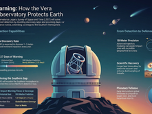 Illustration highlighting the Vera Rubin Observatory's role in asteroid detection and defense, showcasing enhanced discovery rates, extended warning times, and precise impact predictions to protect Earth by monitoring space threats.