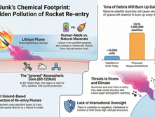 "Infographic highlighting the environmental impact of rocket re-entry, focusing on chemical pollution from lithium plumes and the predicted increase in space debris re-entering Earth's atmosphere by 2030, with concerns about ozone depletion and lack of international regulation."