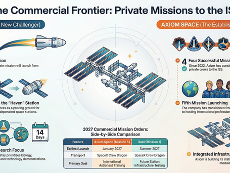 The infographic compares two prominent commercial space companies, Vast and Axiom Space, as they prepare for private missions to the ISS. Vast, as a newcomer, is planning its debut mission from Florida with a focus on 14-day research stays to pave the way for its future "Haven" station, launching in summer 2027. In contrast, Axiom Space, an established leader, has successfully completed four missions since 2022 and is set to launch its fifth mission in January 2027 with a focus on international astronaut training. Both companies utilize SpaceX Crew Dragon for transport, emphasizing their commitment to enhancing space infrastructure and research.
