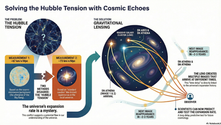 Caption: "Solving the Hubble Tension: Utilizing gravitational lensing to reconcile differing measurements of the universe's expansion rate, with predictions for future cosmic observations."