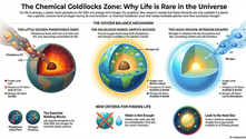 Illustration of the Chemical Goldilocks Zone: The infographic explains why life is rare in the universe, highlighting the need for a specific oxygen level for phosphorus and nitrogen availability in a planet's mantle. Too little oxygen causes phosphorus to sink into a planet's core, while too much leads to nitrogen escaping into the atmosphere. The ideal oxygen range keeps both elements accessible, forming a delicate 'Goldilocks Zone' critical for habitability.