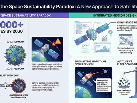"Exploring Solutions for Satellite Overpopulation: With over 100,000 satellites anticipated by 2030, this infographic presents a new approach to satellite design balancing environmental challenges and space sustainability via integrated mission design."