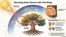 Understanding Solar Storms Through Tree Rings: The image illustrates how solar storms bombard Earth, creating radioactive carbon isotopes that are stored in tree growth rings. This process helps scientists refine radiocarbon dating by examining species-specific growth patterns and the timing of carbon absorption, revealing the impact of solar activity on our planet.