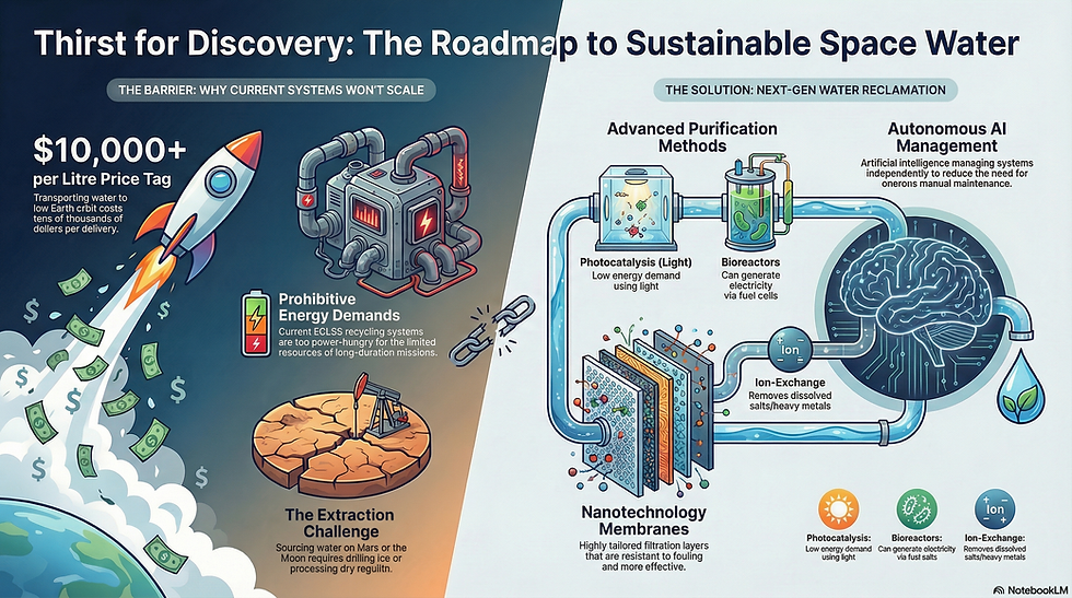 Innovative Solutions for Space Water: Overcoming high costs and energy demands, this roadmap highlights next-gen water reclamation methods. Featuring advanced purification techniques like photocatalysis and bioreactors, coupled with AI management to optimize space missions and reduce manual maintenance.